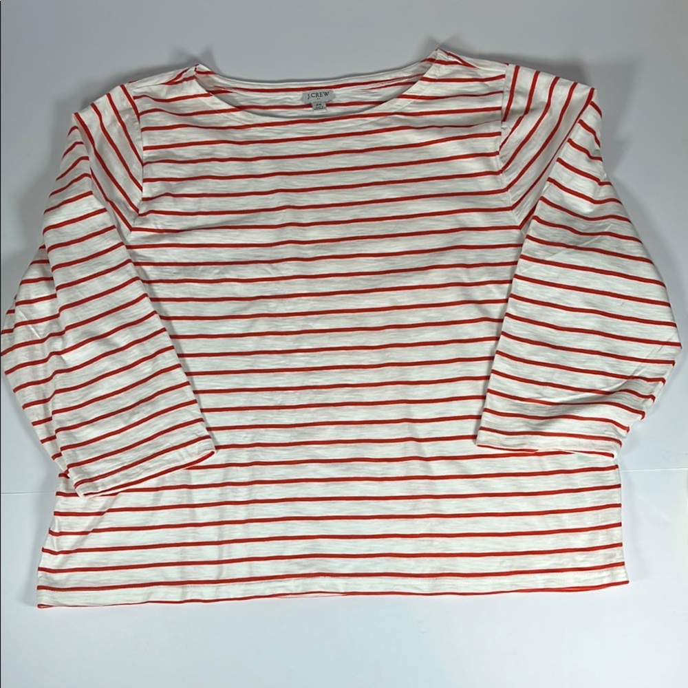 J. Crew Women's White and Orange Striped Three Quarter Sleeve Cotton Tee Sz 2X